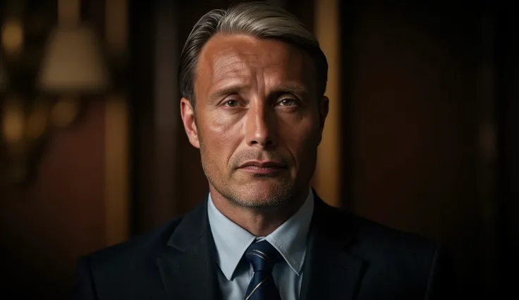 Photographic picture, super realism,  front face,  White man , 30-age, blond short hair,  blue eye, cold smile, business suit style , necktie , back hotel room, night (textured skin , HI detailed skin, foreshortening, Canon, anatomically correct, super det...