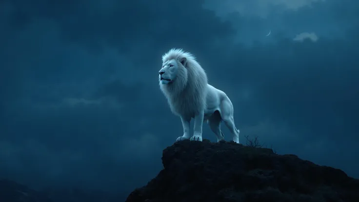 a mighty white lion, majestic and solitary, standing atop a lonely mountain peak at night, 4k, ultra-detailed, photorealistic, dramatic lighting, moody atmosphere, cinematic composition, epic fantasy