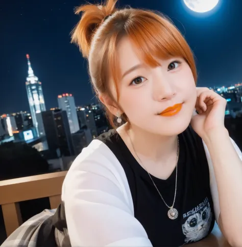 mix 4,(8k, RAW photo, best quality, master:1.2), (realistic, photo-realistic:1.37),1 girl,cute,cityscape of Shumigaoka, Night , full moon, clear night sky Professional lighting,photon mapping,radiosity,physics-based rendering ,orange hair 1:3 Japanese b...