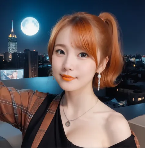 mix 4,(8k, RAW photo, best quality, master:1.2), (realistic, photo-realistic:1.37),1 girl,cute,cityscape of Shumigaoka, Night , full moon, clear night sky Professional lighting,photon mapping,radiosity,physics-based rendering ,orange hair 1:3 Japanese b...