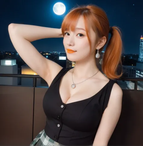 mix 4,(8k, RAW photo, best quality, master:1.2), (realistic, photo-realistic:1.37),1 girl,cute,cityscape of Shumigaoka, Night , full moon, clear night sky Professional lighting,photon mapping,radiosity,physics-based rendering ,orange hair 1:3 Japanese b...