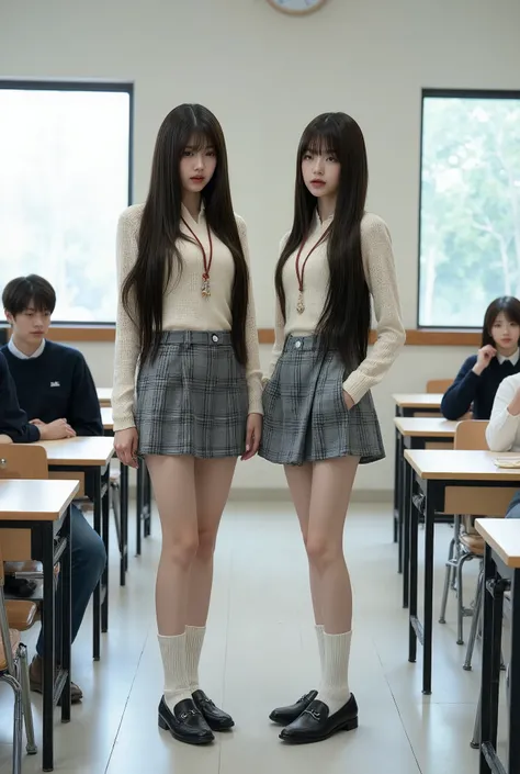 the life-size of young women with long hair and a beautiful face, wearing sexy school uniforms, beautiful body (Plaid Mini Skirt ,Extremely short white socks,blouse) they stand side by side facing each other in a high school classroom., they are slim and ...