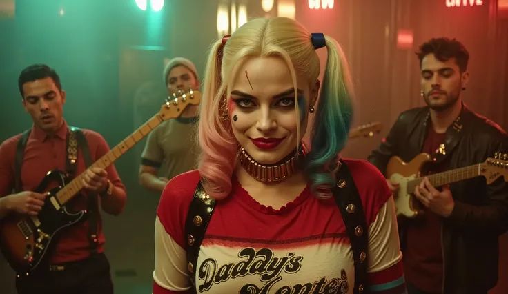 1950s Panavision 70 mm, harleyQuinnMargotQuiron laughing with a group of jazz musicians in a smoky backroom. Her vibrant expression, styled platinum hair, and playful outfit—accented with red sequins and lace—bring a burst of color and energy to the scene.