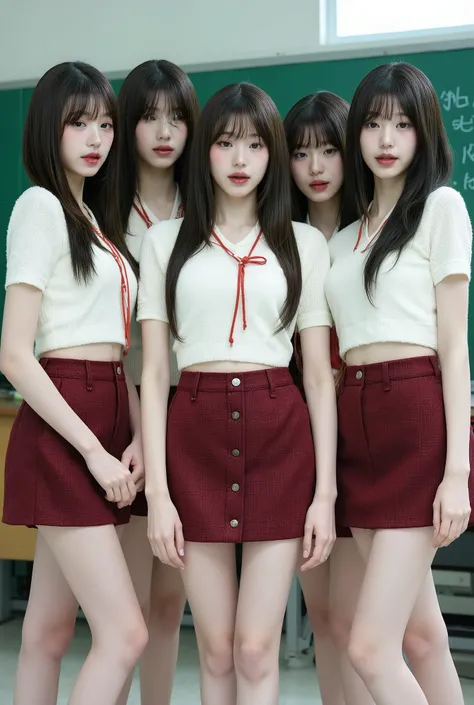 the life-size of young women with long hair and a beautiful face, wearing sexy school uniforms, beautiful body (plaid micro mini skirt ,Extremely short white socks,white high school uniform short sleeve shirt、Open the red uniform ribbon ) 、((they stand sid...