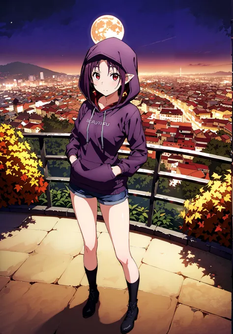 yuukiKonno, Konno Yuuki, pointed ears, purple hair, red eyes,long hair,Purple oversized hoodie ,Denim Micro Shorts,Bare legs,boots, hood up ,autumn,autumn leaves,night, full moon,is standing,put one's hands in one's hoodie pockets,綺麗なnight景,Beauti...