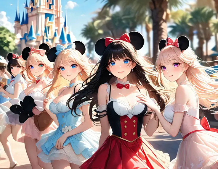 (Top Quality, masterpiece, award winning work, 16k), 、((a spring break, A group of cute girls, a trip to Disney resort with friends, walking through Disney resort: 1.2))、( delicate facial expression、Delicate hair expression、Delicate Eye Expression:1.5), (b...