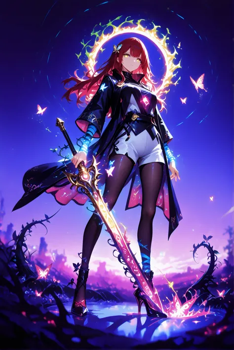 1 woman, Dragon Slayer, Giant Weapon, sword , holding sword , holding a weapon, Hole High Heels Limited color palette , Colorful, vivid color ,Flashing silhouette ,Neon ,Black light , masterpiece, is very beautiful ,red hair, long hair, hair ornaments,gold...