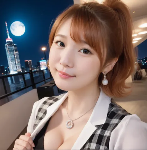 mix 4,(8k, RAW photo, best quality, master:1.2), (realistic, photo-realistic:1.37),1 girl,cute,cityscape of Shumigaoka, Night , full moon, clear night sky Professional lighting,photon mapping,radiosity,physics-based rendering ,orange hair 1:3 Japanese b...
