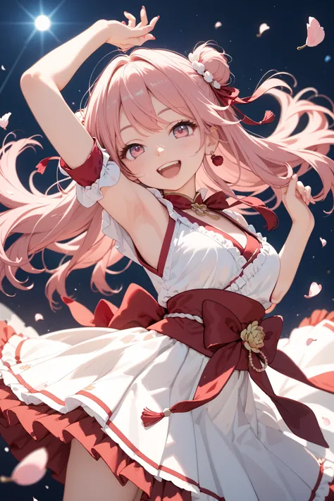 pink hair,pink eyes,red miko,moonlight,light smile,(((((((cherry blossom storm)))))),open eyes,dancing,singing,long hair,Happy,woman,dancing