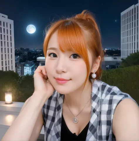 mix 4,(8k, RAW photo, best quality, master:1.2), (realistic, photo-realistic:1.37),1 girl,cute,cityscape of Shumigaoka, Night , full moon, clear night sky Professional lighting,photon mapping,radiosity,physics-based rendering ,orange hair 1:3 Japanese b...