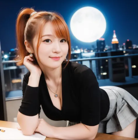 mix 4,(8k, RAW photo, best quality, master:1.2), (realistic, photo-realistic:1.37),1 girl,cute,cityscape of Shumigaoka, Night , full moon, clear night sky Professional lighting,photon mapping,radiosity,physics-based rendering ,orange hair 1:3 Japanese b...