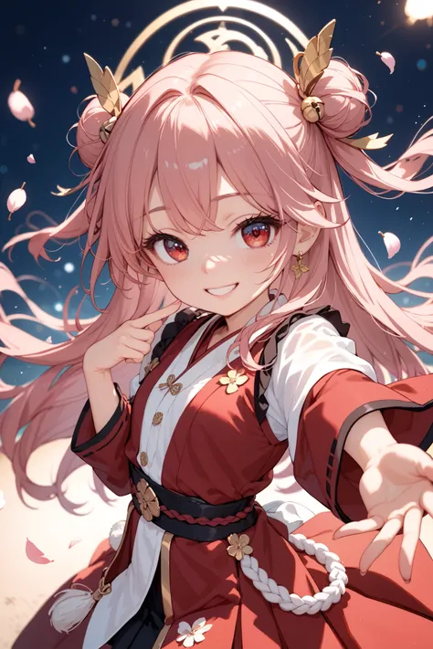 Dark pink hair,red eyes,red miko,moonlight,(((((((cherry blossom storm)))))),open eyes,dancing,singing,very long hair,Happy,woman,((((from above)))),outstretched hand,closed mouth,finger to mouth