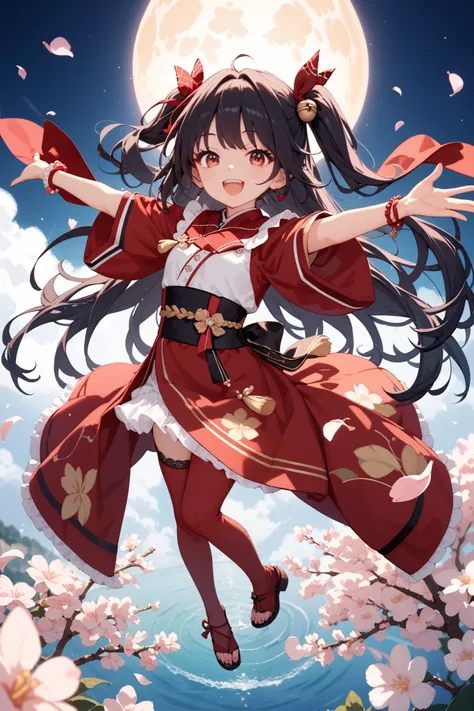 black hair,red eyes,red miko,moonlight,(((((((cherry blossom storm)))))),open eyes,dancing,singing,((((very long hair)))),Happy,woman,(((((((from above))))))),spread arms,full body