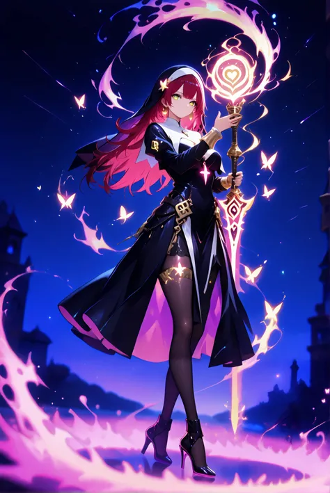1 woman, Dragon Slayer, Giant Weapon, sword , holding sword , holding a weapon, Hole High Heels Limited color palette , Colorful, vivid color ,Flashing silhouette ,Neon ,Black light , masterpiece, is very beautiful ,red hair, long hair, hair ornaments,gold...