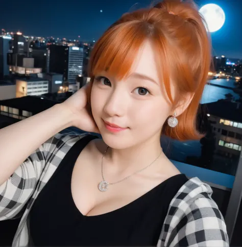 mix 4,(8k, RAW photo, best quality, master:1.2), (realistic, photo-realistic:1.37),1 girl,cute,cityscape of Shumigaoka, Night , full moon, clear night sky Professional lighting,photon mapping,radiosity,physics-based rendering ,orange hair 1:3 Japanese b...