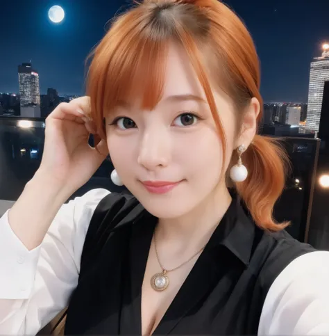 mix 4,(8k, RAW photo, best quality, master:1.2), (realistic, photo-realistic:1.37),1 girl,cute,cityscape of Shumigaoka, Night , full moon, clear night sky Professional lighting,photon mapping,radiosity,physics-based rendering ,orange hair 1:3 Japanese b...
