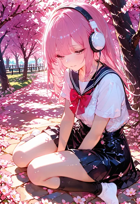 short girl, Wearing Pink, The overall playfulness and young々look of sitting in a crouched position, headphones、enhances the. sailor style top with red bow accents and black skirt {x} She's surrounded by a beautiful outdoor environment of blooming cherry bl...