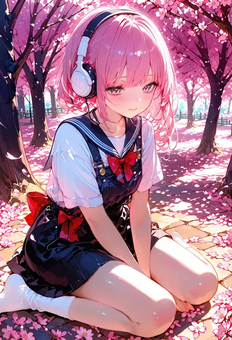 short girl, Wearing Pink, The overall playfulness and young々look of sitting in a crouched position, headphones、enhances the. sailor style top with red bow accents and black skirt {x} She's surrounded by a beautiful outdoor environment of blooming cherry bl...