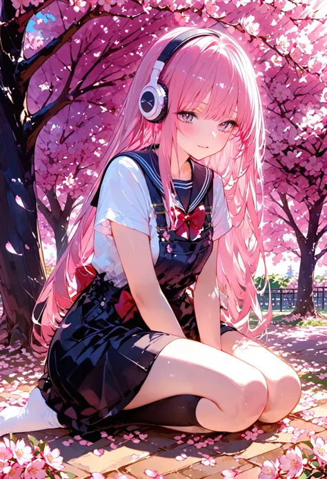 long haired girl , Wearing Pink, The overall playfulness and young々look of sitting in a crouched position, Headphones sitting in a squatting position. sailor style top with red bow accents and black skirt {x} She's surrounded by a beautiful outdoor enviro...
