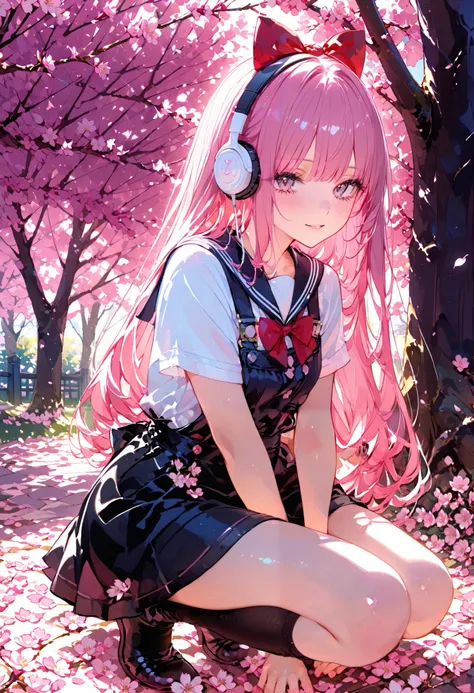 long haired girl , Wearing Pink, The overall playfulness and young々look of sitting in a crouched position, Headphones sitting in a squatting position. sailor style top with red bow accents and black skirt {x} She's surrounded by a beautiful outdoor enviro...