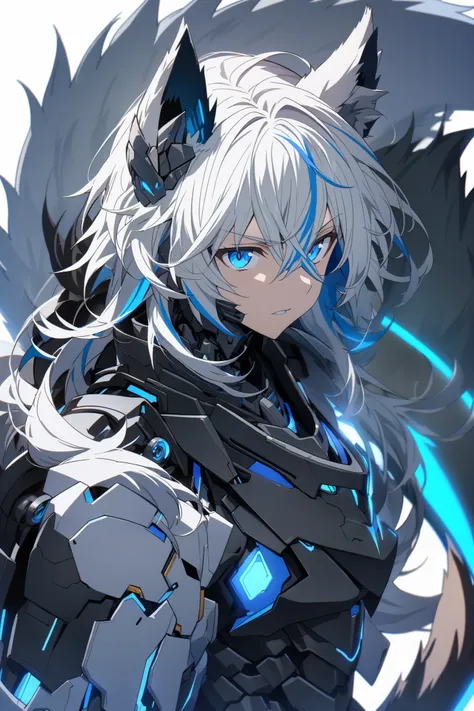 [(WHITE BACKGROUND:1.5),::5], ((masterpiece)), high quality, ultra very high resolution, full color, ((solo)), ((younger boy)), Black cyborg armor, Wolf ear,  (Wolf armor), ((Wolf mechanical tail)), ((men's White hair)), (Blue streaked hair), (SkyBlue eyes...