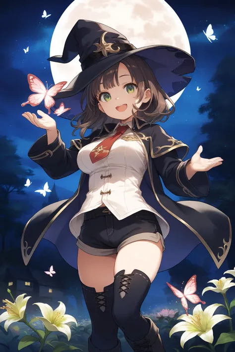 best quality, integrated scenery, integrated background, extremely delicate and beautiful, meticulous details, good composition, , cute face, perfect face, perfect hands,masterpiece, best quality, witch hat, black gloves, thighhighs, looking at viewer, smi...