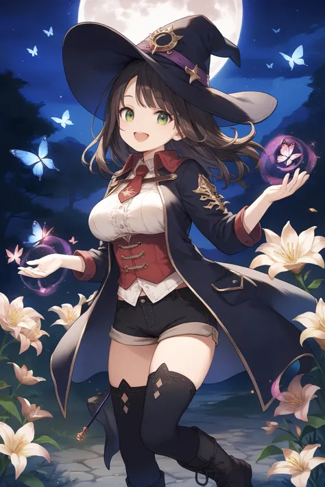 best quality, integrated scenery, integrated background, extremely delicate and beautiful, meticulous details, good composition, , cute face, perfect face, perfect hands,masterpiece, best quality, witch hat, black gloves, thighhighs, looking at viewer, smi...