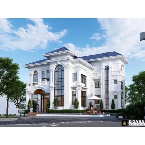 masterpiece , (photorealistic:1 . 2) , best quality , ultra high res , exterior , architechture , modern house , white wall , glass windows ,, trees , traffic road , design , trees around , blue sky , in the style of realistic hyper-detailed rendering , 32...