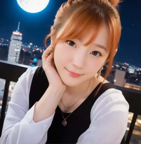 mix 4,(8k, RAW photo, best quality, master:1.2), (realistic, photo-realistic:1.37),1 girl,cute,cityscape of Shumigaoka, Night , full moon, clear night sky Professional lighting,photon mapping,radiosity,physics-based rendering ,orange hair 1:3 Japanese b...