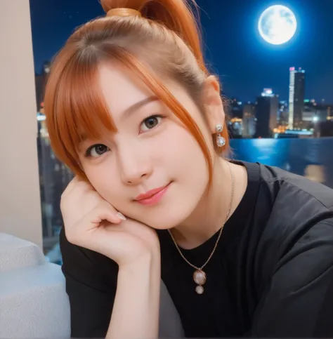 mix 4,(8k, RAW photo, best quality, master:1.2), (realistic, photo-realistic:1.37),1 girl,cute,cityscape of Shumigaoka, Night , full moon, clear night sky Professional lighting,photon mapping,radiosity,physics-based rendering ,orange hair 1:3 Japanese b...