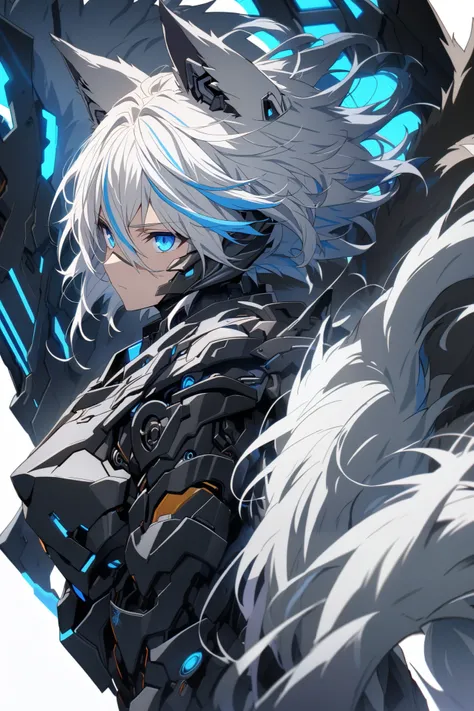 [(WHITE BACKGROUND:1.5),::5], ((masterpiece)), high quality, ultra very high resolution, full color, ((solo)), ((younger boy)), Black cyborg armor, Wolf ear,  (Wolf armor), ((Wolf mechanical tail)), ((men's White hair)), (Blue streaked hair), (SkyBlue eyes...