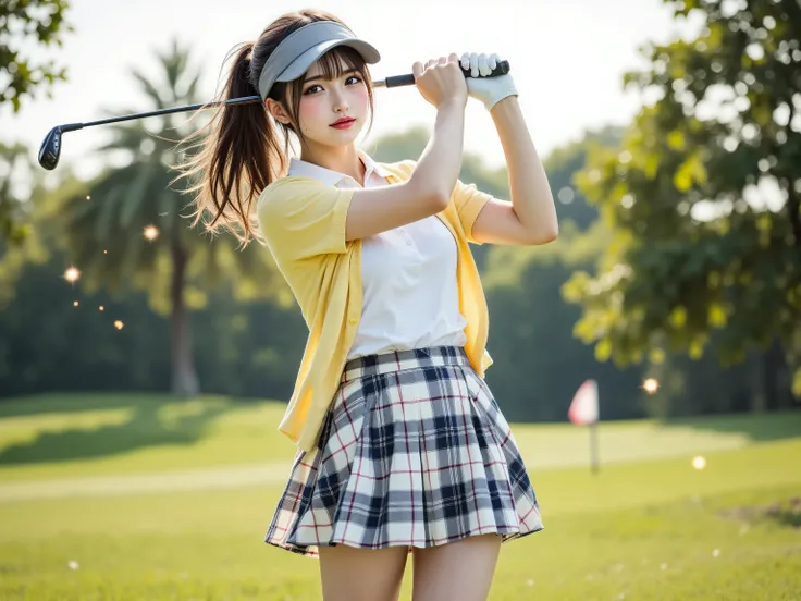 ((photo realistic)),full body front shot,1girl swinging golf driver at moment of ball impact wearing lemon yellow cardigan over white polo shirt,pleated checkered skirt flaring with white base navy and gray plaid and fine red lines,gray knee-high socks and...