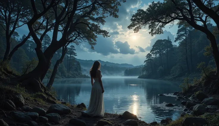 In the heart of a mystical forest bathed in soft moonlight, a beautiful woman stands in quiet contemplation, gazing into the still waters of a dreamlike lake. Her long hair flows gently in the night breeze, and her eyes hold a distant, melancholic wonder, ...