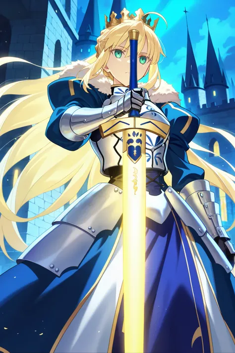 very aesthetic, highres, newest, anime screencap, anime coloring, 2d, 1girl, artoria pendragon (fate), detailed facial features, elegant posture, serene expression, beautiful flowing hair, ornate armor, glowing sword, medieval fantasy castle, magical atmos...