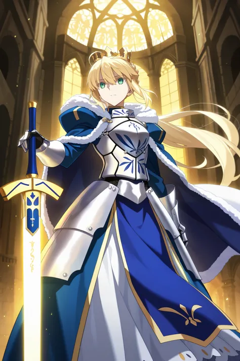very aesthetic, highres, newest, anime screencap, anime coloring, 2d, 1girl, artoria pendragon (fate), detailed facial features, elegant posture, serene expression, beautiful flowing hair, ornate armor, glowing sword, medieval fantasy castle, magical atmos...