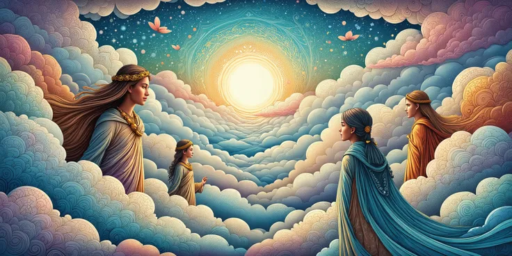 Girl dreaming of being in the clouds talking to 4 entities: jesus, Buda, Mithras and Allah. lighting: Celestial and soft atmosphere.