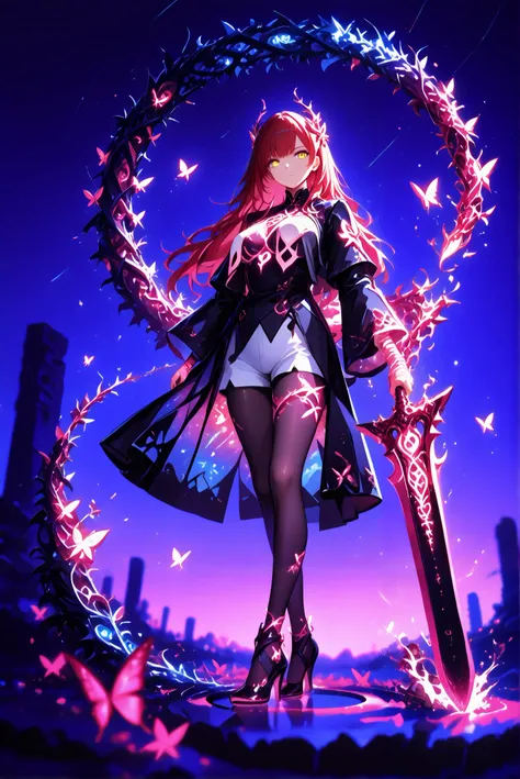 1 woman, Dragon Slayer, Giant Weapon, sword , holding sword , holding a weapon, Hole High Heels Limited color palette , Colorful, vivid color ,Flashing silhouette ,Neon ,Black light , masterpiece, is very beautiful ,red hair, long hair, hair ornaments,gold...