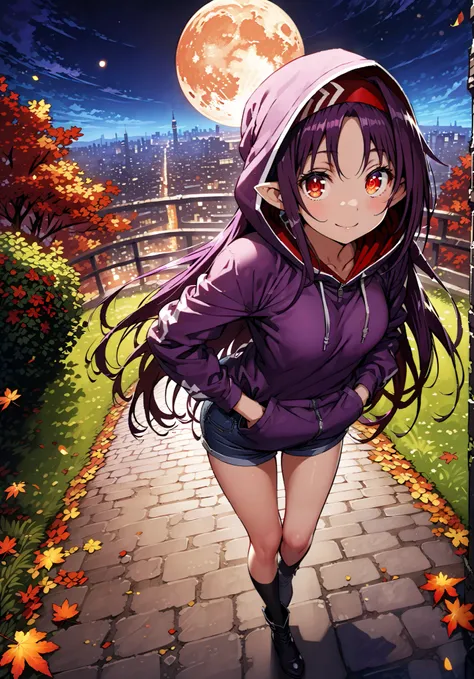 yuukiKonno, Konno Yuuki, pointed ears, purple hair, red eyes,long hair,smile,cover,Close Mouth,Purple oversized hoodie ,Denim Micro Shorts,Bare legs,boots, hood up ,autumn,autumn leaves,night, full moon,is standing,put one's hands in one's hoodie ...