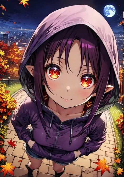 yuukiKonno, Konno Yuuki, pointed ears, purple hair, red eyes,long hair,smile,cover,Close Mouth,Purple oversized hoodie ,Denim Micro Shorts,Bare legs,boots, hood up ,autumn,autumn leaves,night, full moon,is standing,put one's hands in one's hoodie ...