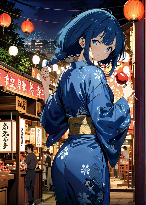 score_9, score_8_up, score_7_up, source_anime, Anayanami ,side lock,Single dumpling hair , Nape,blue eyes, stupid hair, blue hair, smile,cover,Blue flower pattern kimono,turns around,Holding a candy apple with a stick in one hand,eating apple candy,Light u...