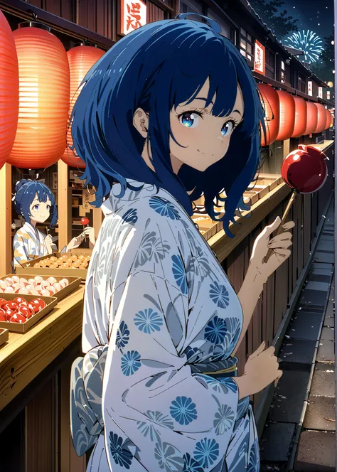 score_9, score_8_up, score_7_up, source_anime, Anayanami ,medium hair,side lock,Single dumpling hair , Nape,blue eyes, stupid hair, blue hair, smile,cover,Blue flower pattern kimono,turns around,Holding a candy apple with a stick in one hand,eating apple c...