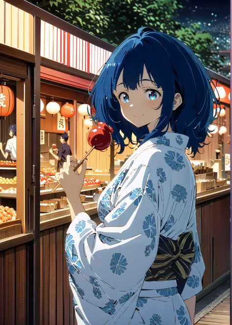 score_9, score_8_up, score_7_up, source_anime, Anayanami ,medium hair,side lock,Single dumpling hair , Nape,blue eyes, stupid hair, blue hair, smile,cover,Blue flower pattern kimono,turns around,Holding a candy apple with a stick in one hand,eating apple c...
