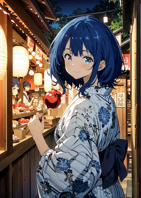 score_9, score_8_up, score_7_up, source_anime, Anayanami ,medium hair,side lock,Single dumpling hair , Nape,blue eyes, stupid hair, blue hair, smile,cover,Blue flower pattern kimono,turns around,Holding a candy apple with a stick in one hand,eating apple c...
