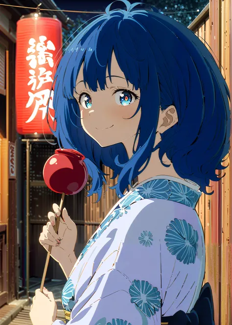 score_9, score_8_up, score_7_up, source_anime, Anayanami ,side lock,Single dumpling hair , Nape,blue eyes, stupid hair, blue hair, smile,cover,Blue flower pattern kimono,turns around,Holding a candy apple with a stick in one hand,eating apple candy,Light u...