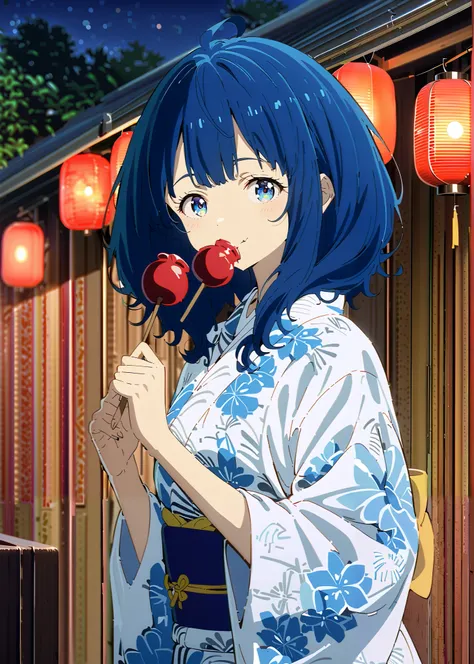 score_9, score_8_up, score_7_up, source_anime, Anayanami ,side lock,Single dumpling hair , Nape,blue eyes, stupid hair, blue hair, smile,cover,Blue flower pattern kimono,turns around,Holding a candy apple with a stick in one hand,eating apple candy,Light u...