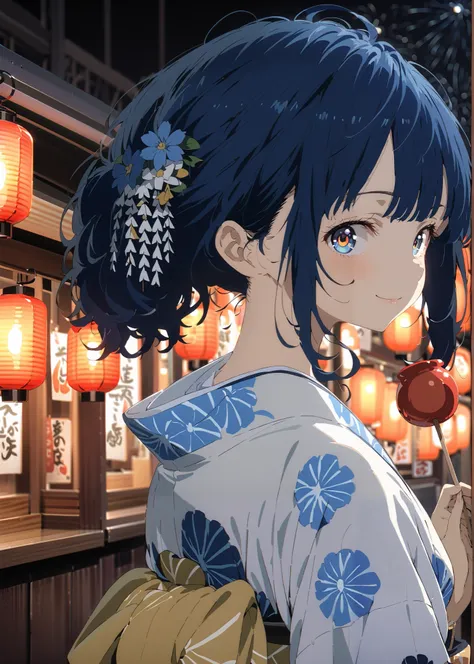 score_9, score_8_up, score_7_up, source_anime, Anayanami ,side lock,Single dumpling hair , Nape,blue eyes, stupid hair, blue hair, smile,cover,Blue flower pattern kimono,turns around,Holding a candy apple with a stick in one hand,eating apple candy,Light u...