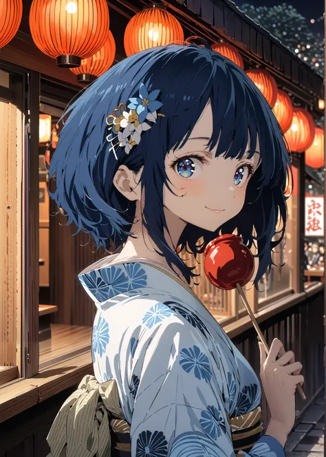 score_9, score_8_up, score_7_up, source_anime, Anayanami ,side lock,Single dumpling hair , Nape,flower hair ornament,blue eyes, stupid hair, blue hair,smile,cover,Blue flower pattern kimono,turns around,Holding a candy apple with a stick in one hand,eating...