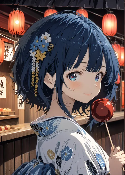 score_9, score_8_up, score_7_up, source_anime, Anayanami ,side lock,Single dumpling hair , Nape,flower hair ornament,blue eyes, stupid hair, blue hair,smile,cover,Blue flower pattern kimono,turns around,Holding a candy apple with a stick in one hand,eating...