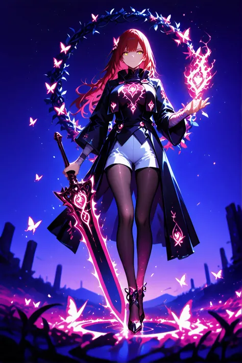 1 woman, Dragon Slayer, Giant Weapon, sword , holding sword , holding a weapon, Hole High Heels Limited color palette , Colorful, vivid color ,Flashing silhouette ,Neon ,Black light , masterpiece, is very beautiful ,red hair, long hair, hair ornaments,gold...