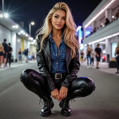 smiling blonde woman wearing dark blue denim shirt tucked into black leather pants, buckled belt, short biker jacket, knee high boots with lacing, she is squatted outside in the pitlane of a formula one race, night, neon lights, background glow,